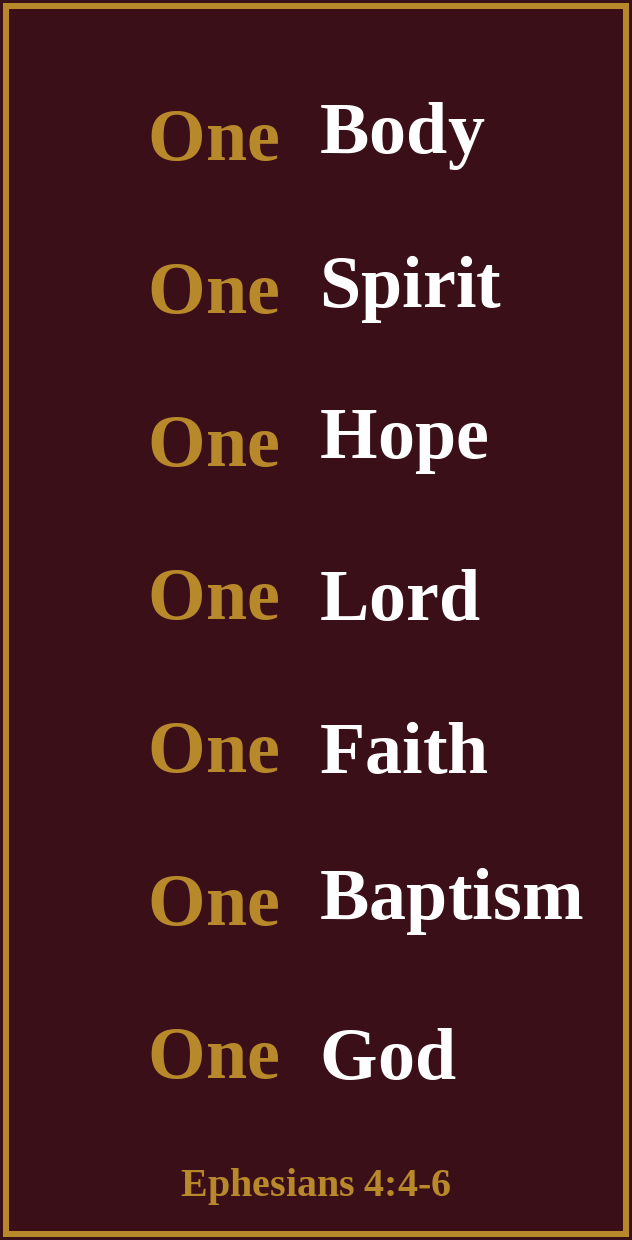 Back of the One Truth Ministries card, listing one body, one spirit, one hope, one Lord, one faith, one baptism, one God, Ephesians 4:4-6
